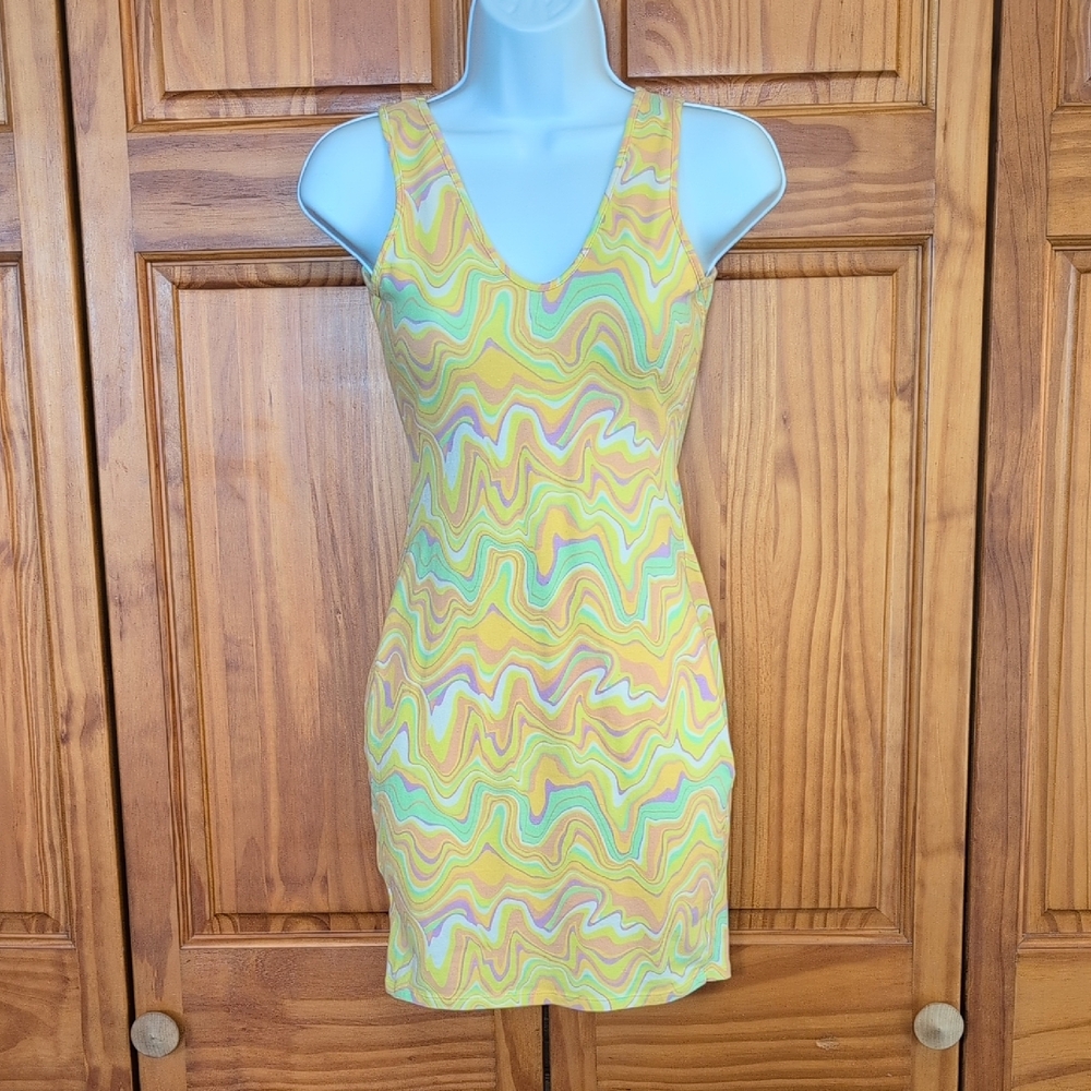 Target Yellow and Green Swirl Mini Sleeveless Fitted Tank Dress S      CC227